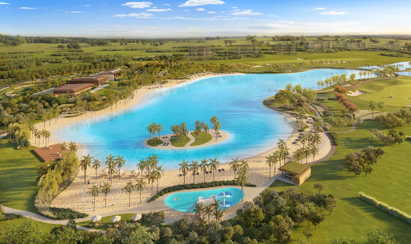 Vista aérea da Crystal Lagoon de 35 mil m² do Heritage Riviera
